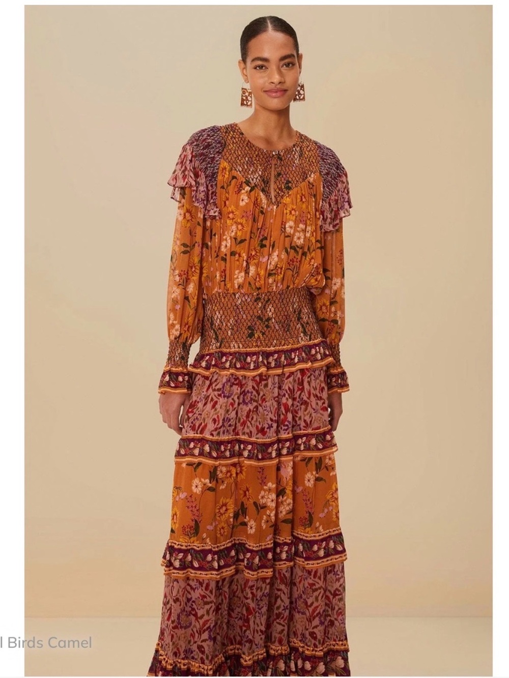 FARM Rio Colorful Birds Camel Smocking Long Sleeve Maxi Dress Large